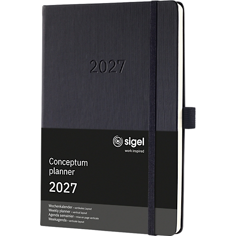 Dunkelblauer Terminkalender mit Prägung "2027". Schwarzes Band mit Halterung. Unten schwarzer Streifen mit "Conceptum planner" und Logos.