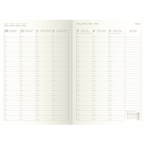 Doppelseite eines Wochenplaners. Auf der linken Seite sind die Tage 30. und 31. April, auf der rechten Seite die Tage 3., 4. und 5. April.
