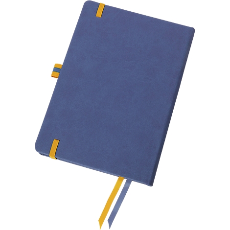 Blaues Notizbuch mit gelben Lesezeichen und Verschluss. Detailaufnahme.