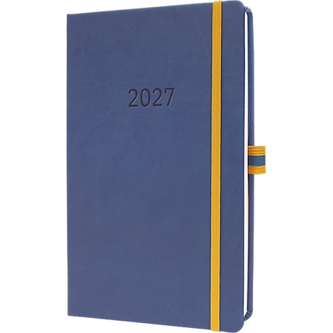 Blaues Notizbuch mit Jahreszahl 2027. Gelber Gummiband-Verschluss.