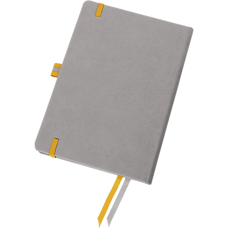 Graues Notizbuch mit gelben Bändern und einem Stiftband.