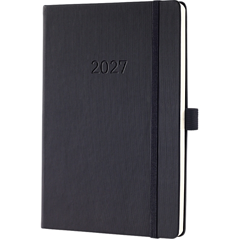 Dunkelblaues Notizbuch mit Jahreszahl 2027. Das Cover hat eine gerillte Struktur, einen schwarzen Gummizug und einen Stifthalter.