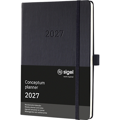 Dunkelblauer Terminkalender mit Prägung 2027. Schwarzes Gummiband und Verschluss. Marke SIGEL. Aufschrift Conceptum planner.