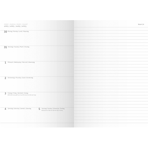 Geöffnete Doppelseite eines Wochenplaners. Links Datumsanzeige, rechts liniertes Notizpapier.