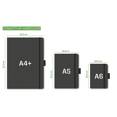 Drei schwarze Notizbücher in A4+, A5 und A6 Formaten mit Größenangaben und Gummibändern.