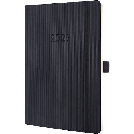 Schwarzes Notizbuch mit Jahreszahl 2027 und Gummiband.