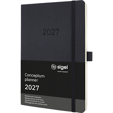 Dunkelblauer Terminkalender mit Prägung 2027, Gummiband, schwarzem Streifen, Schriftzug "Conceptum planner 2027".