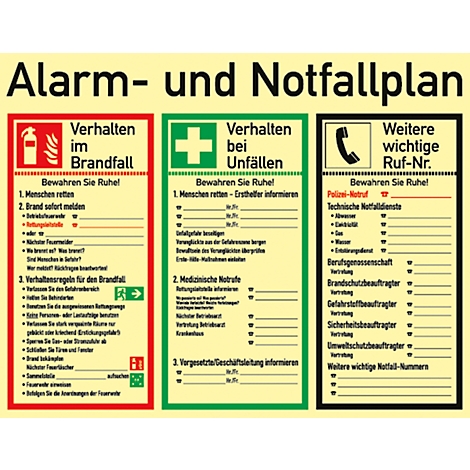 Emergency plan with a red fire extinguisher, green cross, and phone symbol, each with instructions for emergencies.