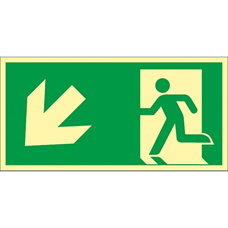 Green emergency exit sign. Arrow points down and left, figure running through door to the right.