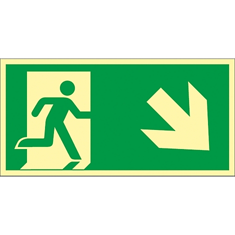 Green emergency exit sign showing a man running out of a door with an arrow pointing down and to the right.