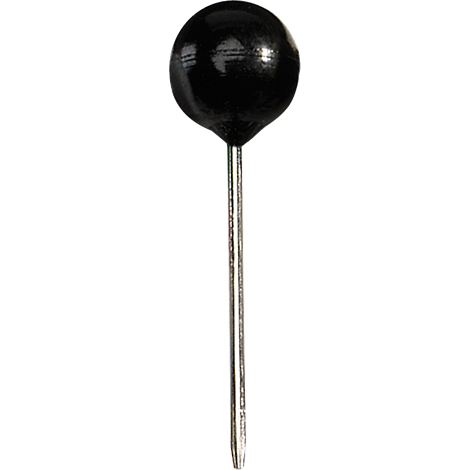 Black, spherical thumb tack with silver pin.