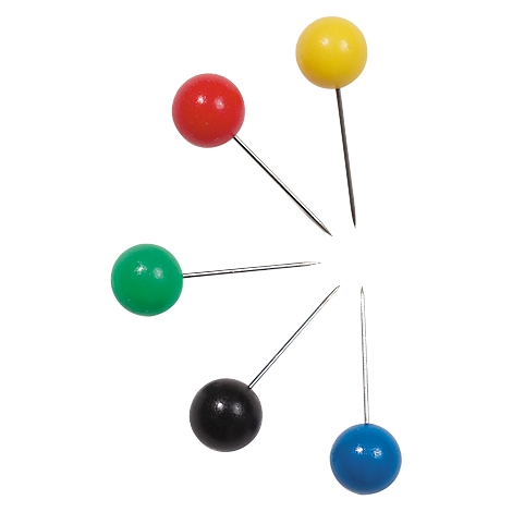 Colored push pins in red, yellow, green, black, and blue on a white background.