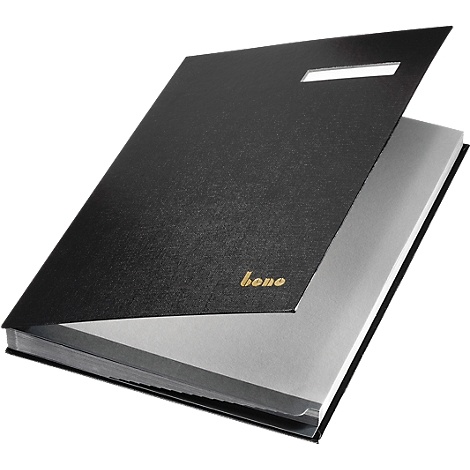 Cahier noir, partiellement ouvert, avec logo 'bone' et découpe.