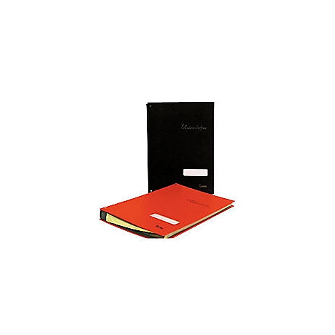 Deux dossiers ; un rouge, un noir, sur fond blanc. Tous deux avec écriture et étiquettes.