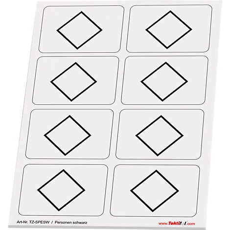 Huit cartes rectangulaires avec un losange noir sur fond blanc. En bas, il est écrit "Art-Nr: TZ-SPESW / Personen schwarz".
