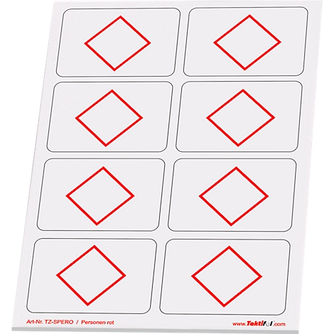 Une feuille de huit rectangles avec un losange rouge au centre, portant la mention "Art-Nr. TZ-SPERO / Personen rot".