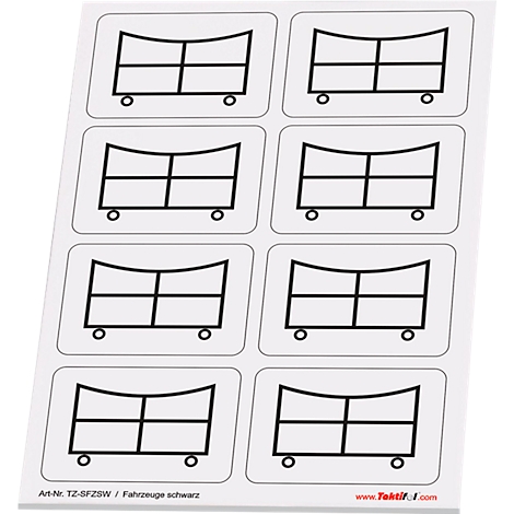 Autocollant avec des symboles de wagons bordés de noir. Sur le bord, il est écrit 'Art-Nr. TZ-SFZSW / Fahrzeuge schwarz'.