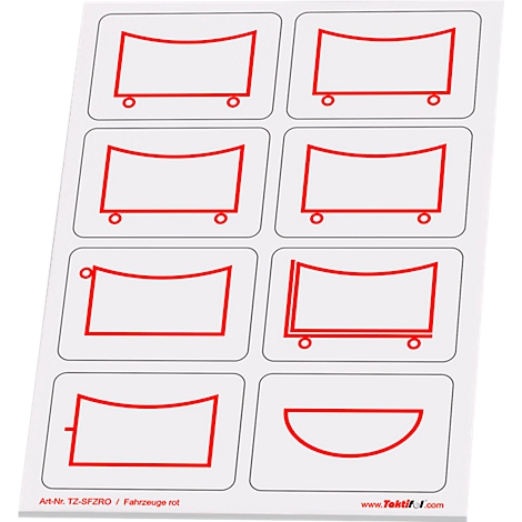 Une étiquette blanche avec huit contours rouges de wagons. En bas se trouve "Art-Nr. TZ-SFZRO / Fahrzeuge rot".