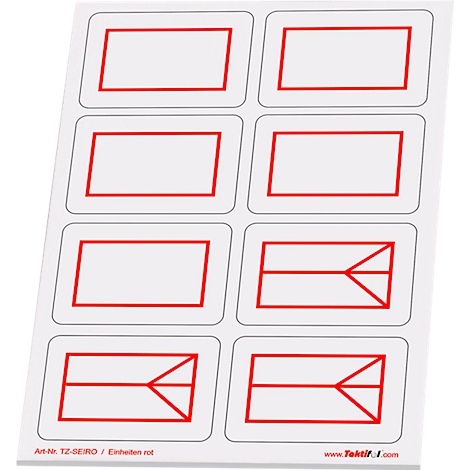 Étiquette blanche avec des contours et symboles rouges, dont des rectangles et des pointes de flèches.