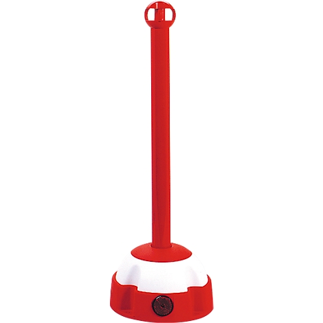 Red bollard on a white-red base. An opening at the head.