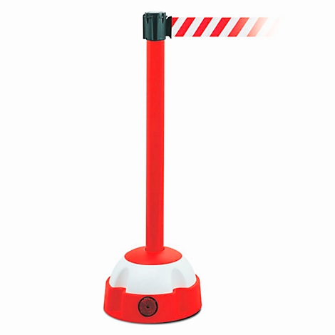 Red barrier post with white and red striped barrier tape. The post has a round base and a black head.