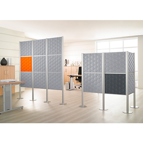 Grey office partitions, an orange panel, and a dark grey panel. In the background a window and an office.