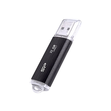 Schwarzer USB-Stick mit silbernem SP-Logo, 32 GB, USB3.1, transparenter Kappe und Aufhängung.
