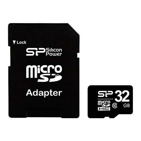 Schwarzer SD-Karten Adapter mit weißem Schriftzug: SP Silicon Power, Micro SD Adapter und 32 GB. Der Adapter hat einen Lock-Schalter.
