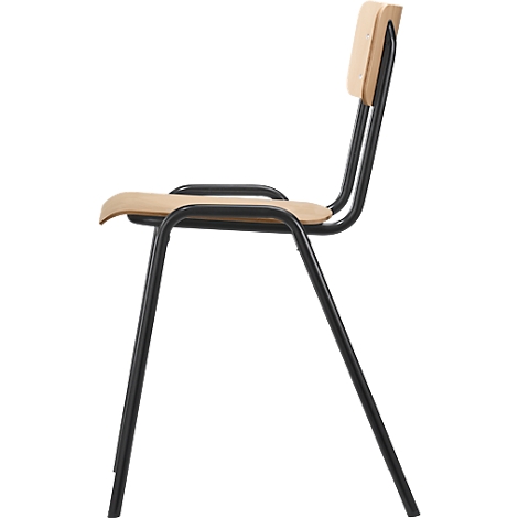 Vista lateral de una silla de madera y metal. Estructura negra, asiento y respaldo claros.