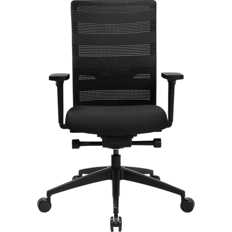 Silla de oficina negra con respaldo de malla y apoyabrazos. Se encuentra sobre un fondo neutro.