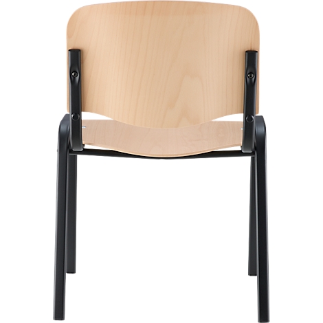 Silla vista desde atrás, con respaldo y asiento de madera clara y un marco de metal negro. El respaldo y el asiento están conectados.