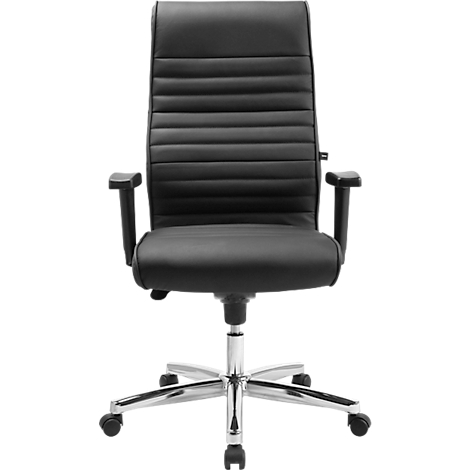 Silla de oficina negra con respaldo alto, reposabrazos y base de estrella de metal, sobre fondo blanco.