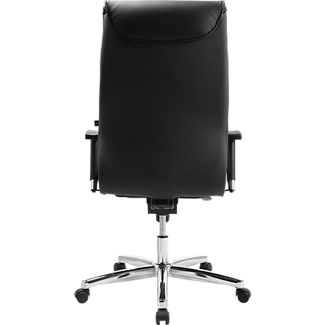 Silla de oficina negra desde atrás; aspecto de cuero, marco cromado, ruedas.