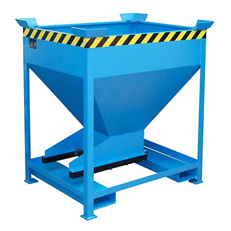 Blue container with yellow and black warning stripes. On metal frame, funnel-shaped.