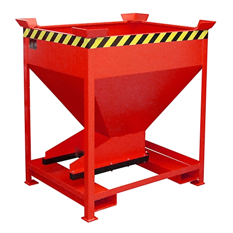 Red container with black and yellow warning stripe, conical shape, on metal frame.
