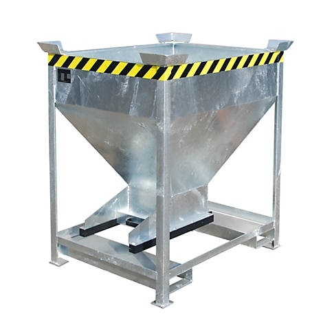 Metal container, square, with sloping funnel, on metal frame, with black and yellow warning tape.