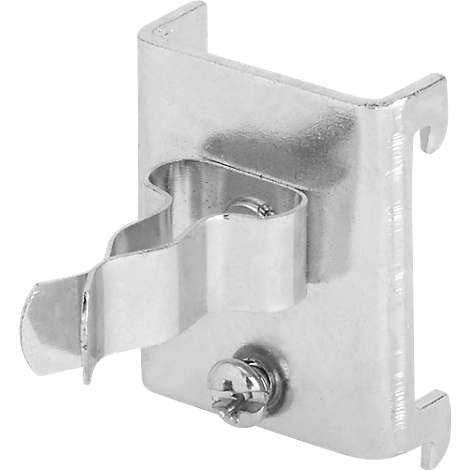 Metal clamp for cable attachment. Fixed with a screw on a light gray surface.