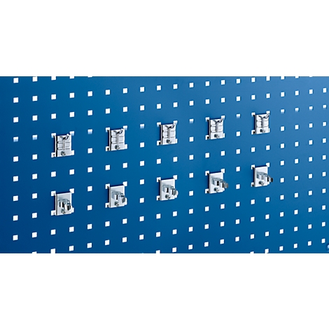 Blue pegboard with silver hooks. The hooks are arranged at regular intervals.