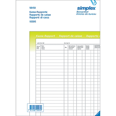 Rapport de caisse de simplex avec tableaux pour les détails de la date, du texte, des revenus, des dépenses et du solde. Code-barres en bas à gauche.