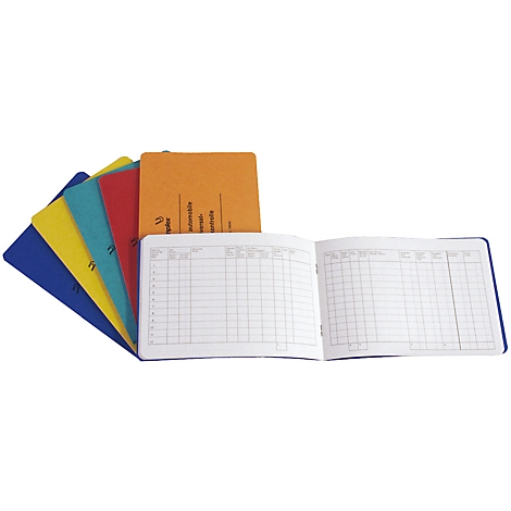 Livre bleu ouvert avec des pages lignées et des fiches colorées. Sur une carte, il est écrit 'automobil universell kontrolle'.