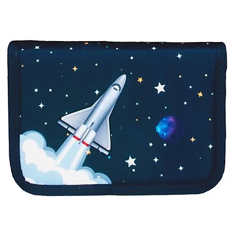 Trousse avec un motif spatial : une fusée s'élève dans le ciel nocturne parsemé d'étoiles et d'une planète.