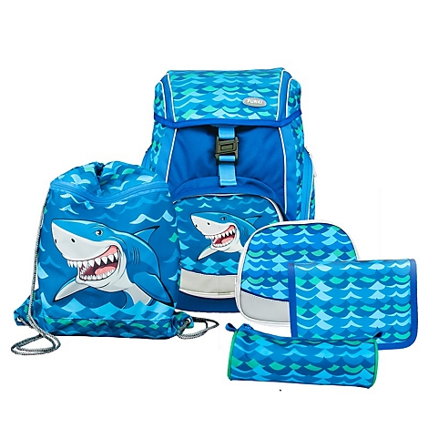 Ensemble de sacs d'école sur le thème des requins bleus : sac à dos, sac de sport, trousse, boîte à lunch et trousse. Motif ondulé en turquoise. Un requin souriant orne les articles.