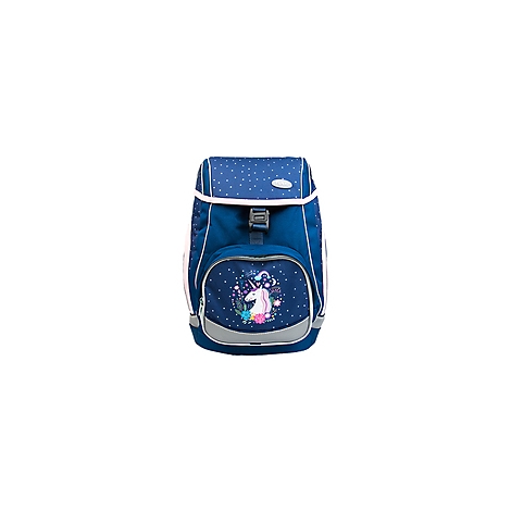 Cartable bleu foncé avec un motif de licorne blanche, des accents roses et des pois blancs.