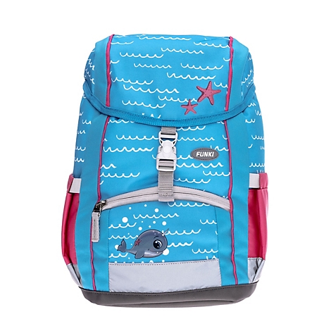 Sac à dos bleu pour enfants avec motif baleine, motif vagues et accents roses. Le sac à dos porte l'inscription "FUNKI".
