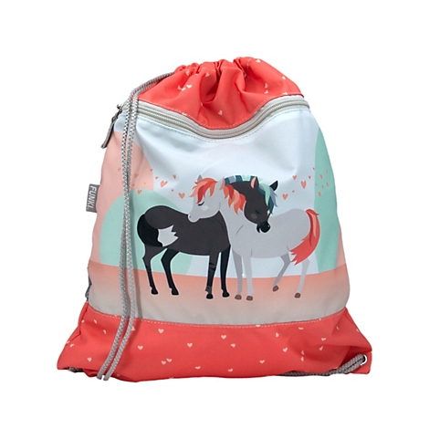 Sac à dos avec motif de chevaux. Fermeture et fond rouges, cordon de serrage gris, couple de chevaux sur fond clair avec des cœurs.