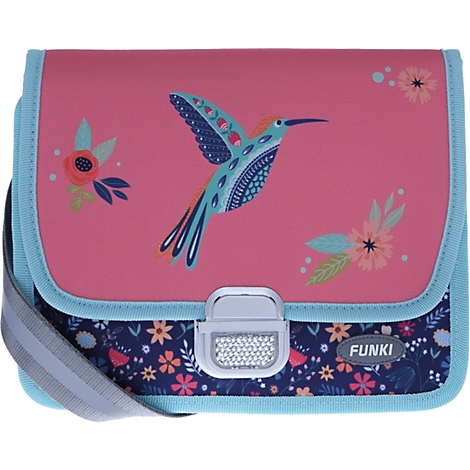 Un cartable rose avec un motif de colibri, une bordure bleue et un motif floral.