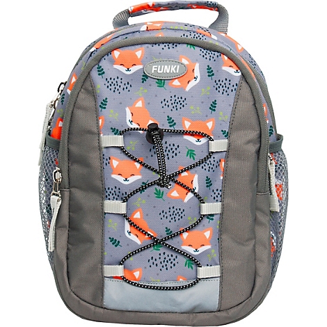 Sac à dos gris avec motif renard. Devant avec cordon élastique, logo FUNKI et réflecteur. Poches latérales en filet.