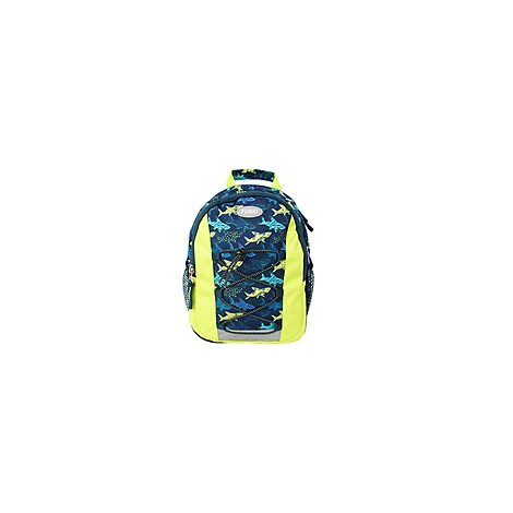 Sac à dos bleu et jaune avec motif de requins, poignée et fermeture éclair.