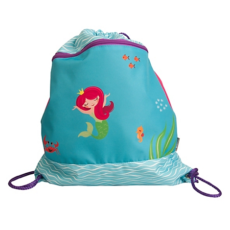 Sac à dos turquoise avec motif de sirène, cordon de serrage violet, détails: crabe, poissons, hippocampe, algues.