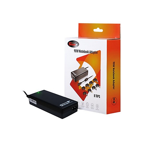 Ein schwarzes 90W Notebook Adapter Set, Netzteil und acht Adapter-AufsÃ¤tze in der Verpackung.